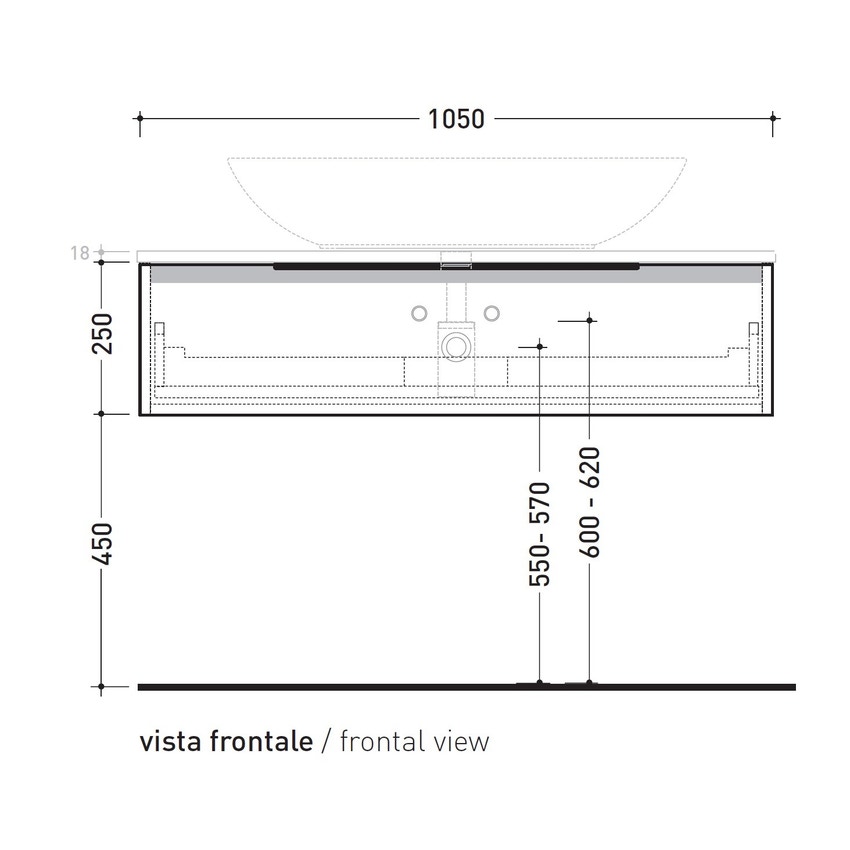 Immagine di Flaminia BOX base portalavabo sospesa, 1 cassetto, L.105 P.37 H.25 cm, con top e foro per lavabo da appoggio, finitura oj canapa BX968+BXPR38OJC