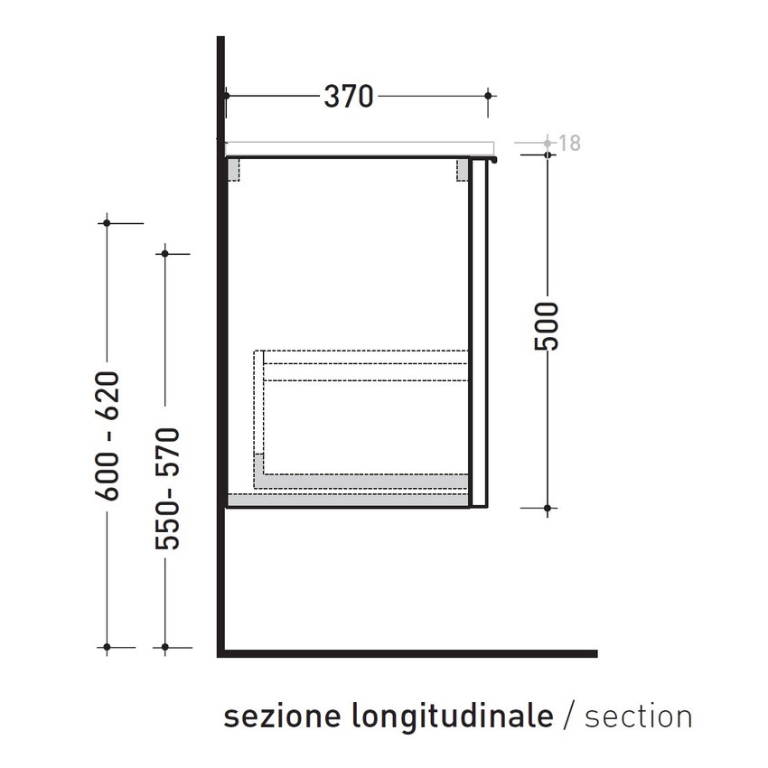 Immagine di Flaminia BOX base portalavabo sospesa, 1 cassetto, L.85 P.37 H.50 cm, con top e foro per lavabo da appoggio, finitura oj grigio BX810+BXPR38OJG