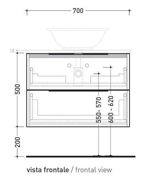 Immagine di Flaminia BOX base portalavabo sospesa, 2 cassetti, L.70 P.37 H.50 cm, con top e foro per lavabo da appoggio, finitura oj grigio BX808+BXPR38OJG