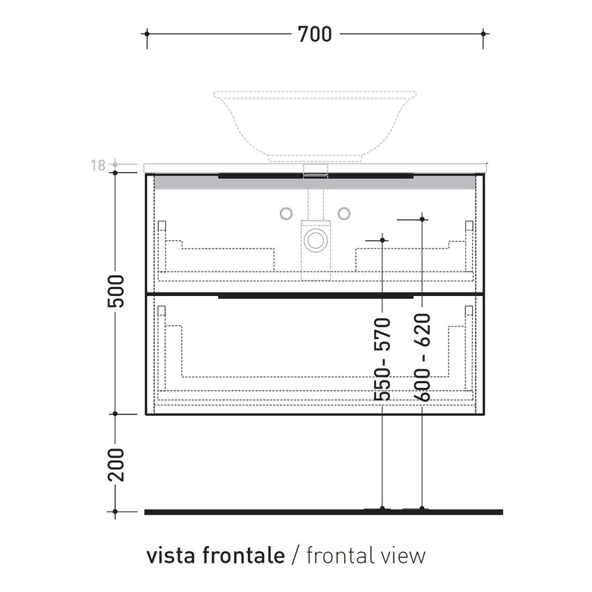 Immagine di Flaminia BOX base portalavabo sospesa, 2 cassetti, L.70 P.37 H.50 cm, con top e foro per lavabo da appoggio, finitura oj grigio BX808+BXPR38OJG