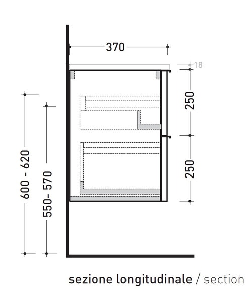 Immagine di Flaminia BOX base portalavabo sospesa, 2 cassetti, L.70 P.37 H.50 cm, con top e foro per lavabo da appoggio, finitura oj grigio BX808+BXPR38OJG