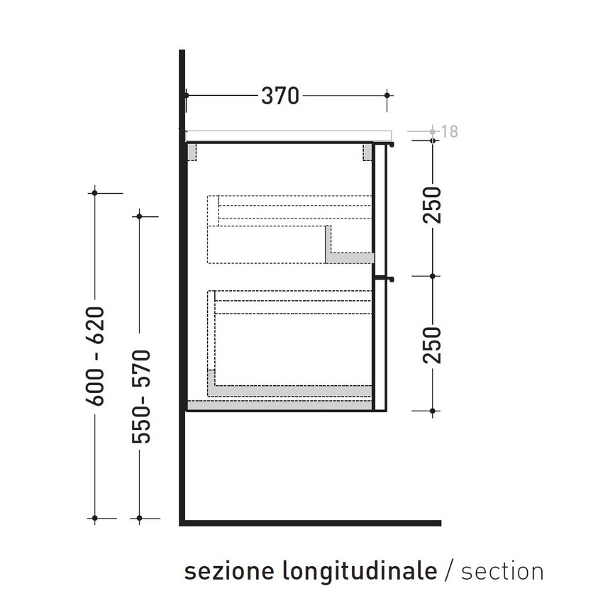 Immagine di Flaminia BOX base portalavabo sospesa, 2 cassetti, L.70 P.37 H.50 cm, con top e foro per lavabo da appoggio, finitura oj grigio BX808+BXPR38OJG