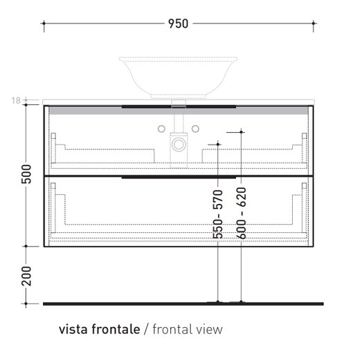 Immagine di Flaminia BOX base portalavabo sospesa, 2 cassetti, L.95 P.37 H.50 cm, con top e foro per lavabo da appoggio, finitura oj canapa BX826+BXPR38OJC