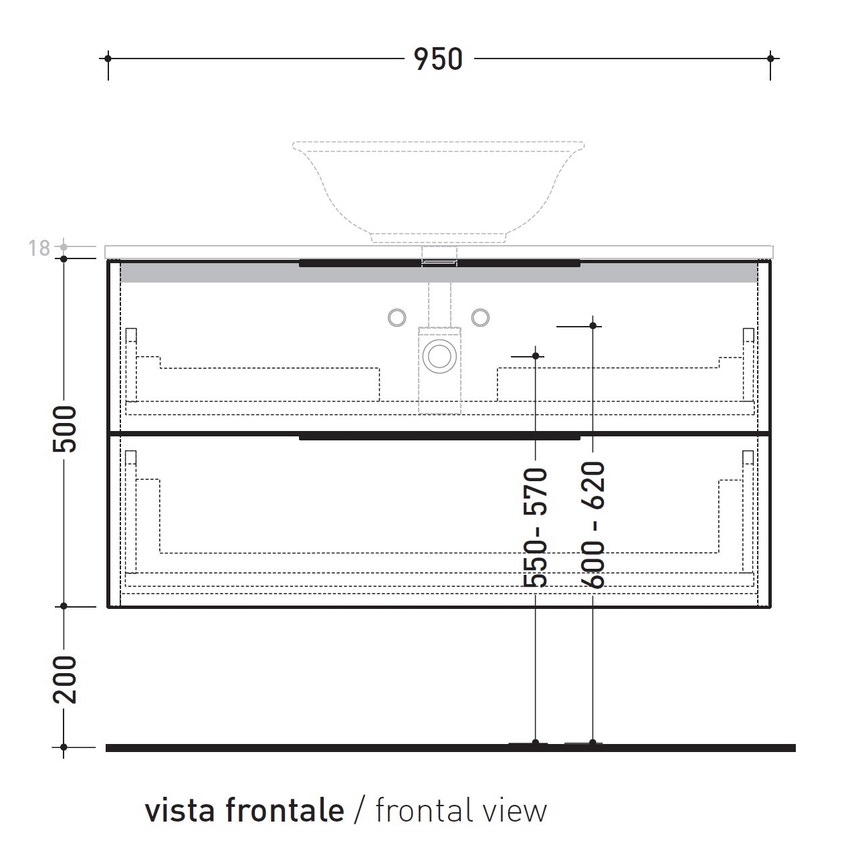 Immagine di Flaminia BOX base portalavabo sospesa, 2 cassetti, L.95 P.37 H.50 cm, con top e foro per lavabo da appoggio, finitura oj canapa BX826+BXPR38OJC