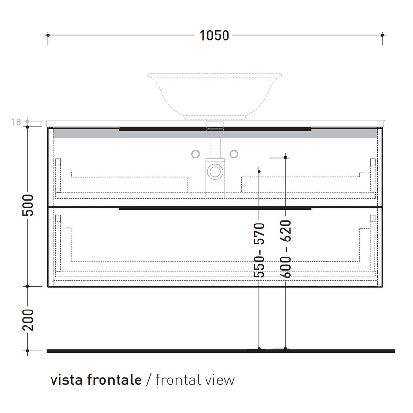 Immagine di Flaminia BOX base portalavabo sospesa, 2 cassetti, L.105 P.37 H.50 cm, con top e foro per lavabo da appoggio, finitura ok arly BX838+BXPR38ARL