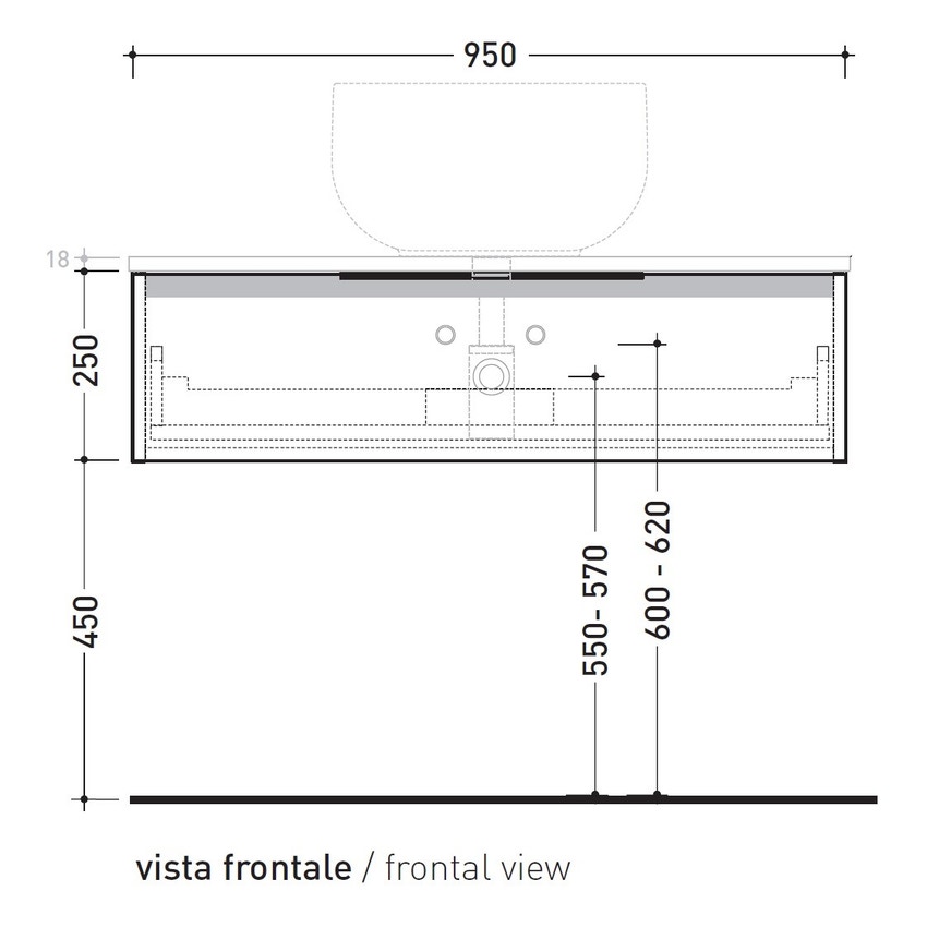 Immagine di Flaminia BOX base portalavabo sospesa, 1 cassetto, L.95 P.50 H.25 cm, con top e foro per lavabo da appoggio, finitura ok arly BX995+BXPR51ARL