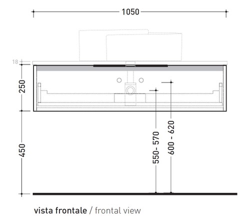 Immagine di Flaminia BOX base portalavabo sospesa, 1 cassetto, L.105 P.50 H.25 cm, con top e foro per lavabo da appoggio, finitura oj grigio BX969+BXPR51OJG