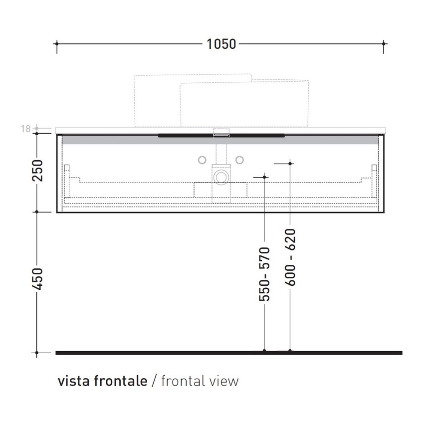 Immagine di Flaminia BOX base portalavabo sospesa, 1 cassetto, L.105 P.50 H.25 cm, con top e foro per lavabo da appoggio, finitura oj grigio BX969+BXPR51OJG
