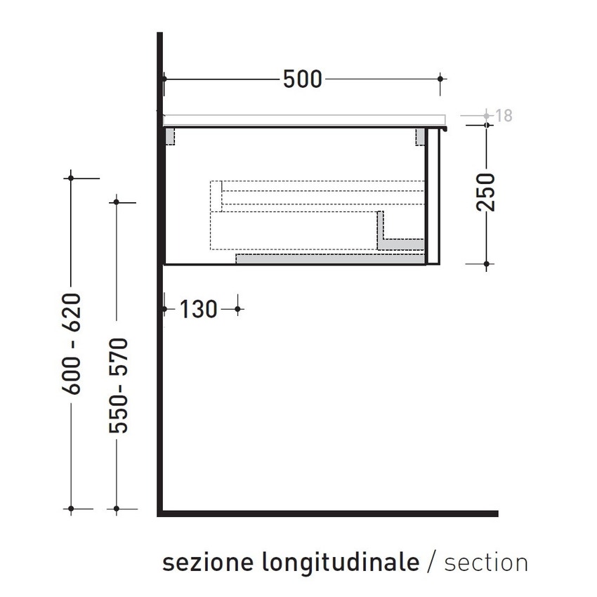 Immagine di Flaminia BOX base portalavabo sospesa, 1 cassetto, L.105 P.50 H.25 cm, con top e foro per lavabo da appoggio, finitura oj grigio BX969+BXPR51OJG