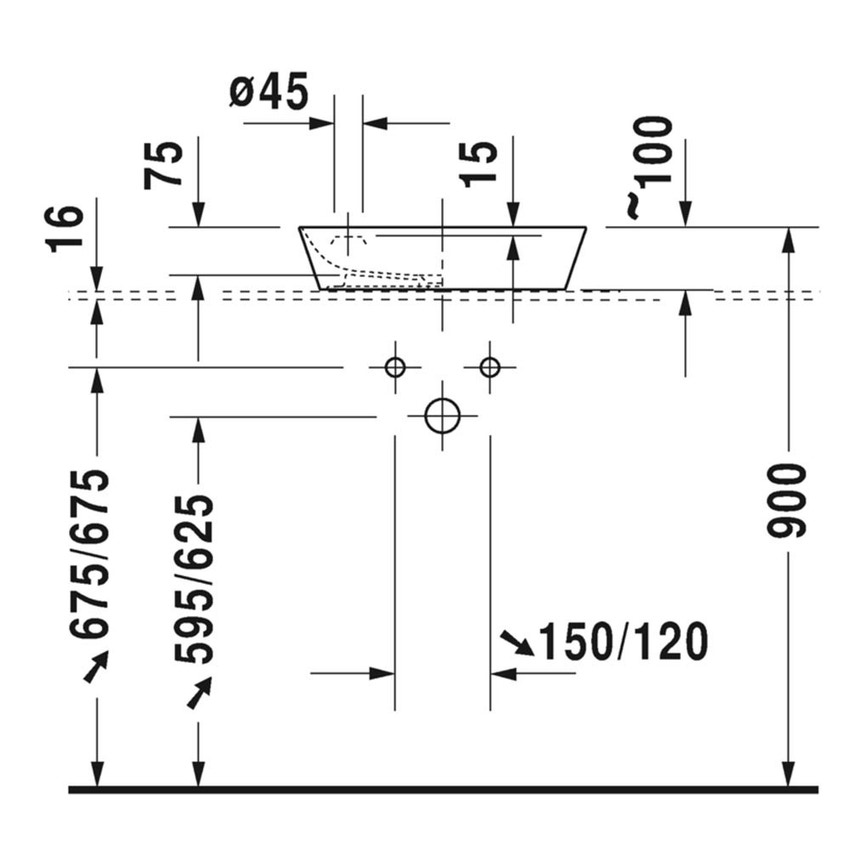 Immagine di Duravit CAPE COD bacinella da appoggio soprapiano 46 cm monoforo, con bordo per rubinetteria, senza troppopieno, WonderGliss, colore bianco finitura lucido 23404600001