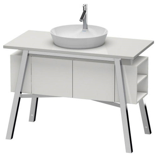 Immagine di Duravit CAPE COD composizione bagno: mobile sottolavabo a pavimento, colore bianco lucido + specchio con illuminazione + bacinella 46 cm, colore bianco + miscelatore Axor Starck, finitura cromo CC953308585-2340460000