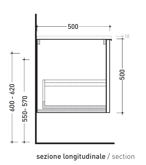 Immagine di Flaminia BOX base portalavabo sospesa, 1 cassetto, L.105 P.50 H.50 cm, con top e foro per lavabo da appoggio, finitura oj grigio BX835+BXPR51OJG