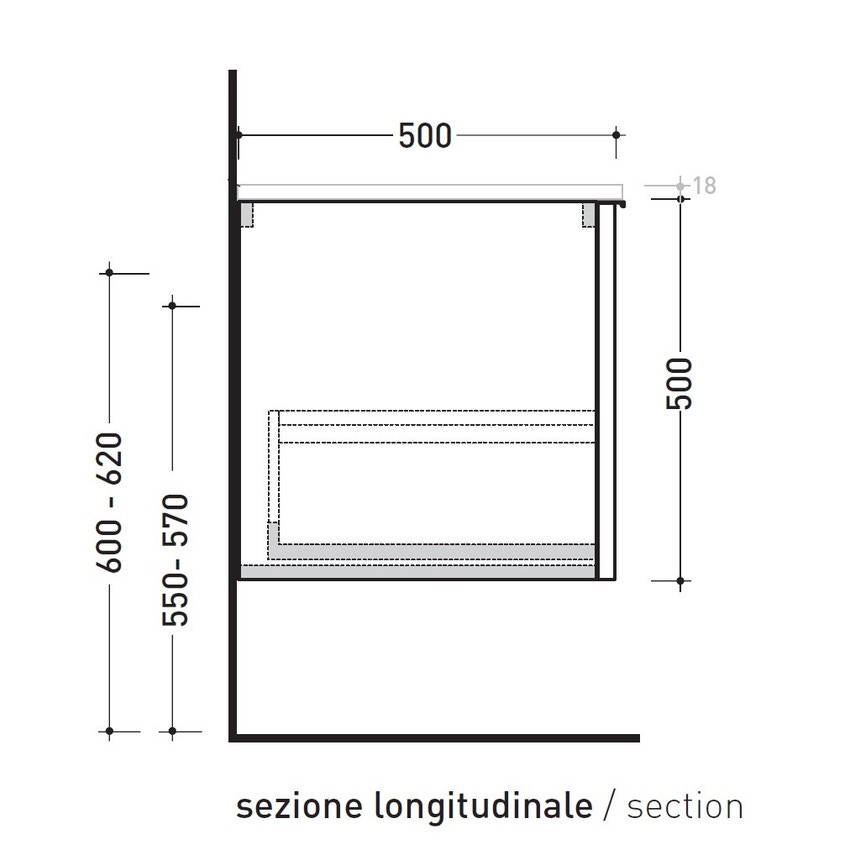 Immagine di Flaminia BOX base portalavabo sospesa, 1 cassetto, L.105 P.50 H.50 cm, con top e foro per lavabo da appoggio, finitura oj grigio BX835+BXPR51OJG
