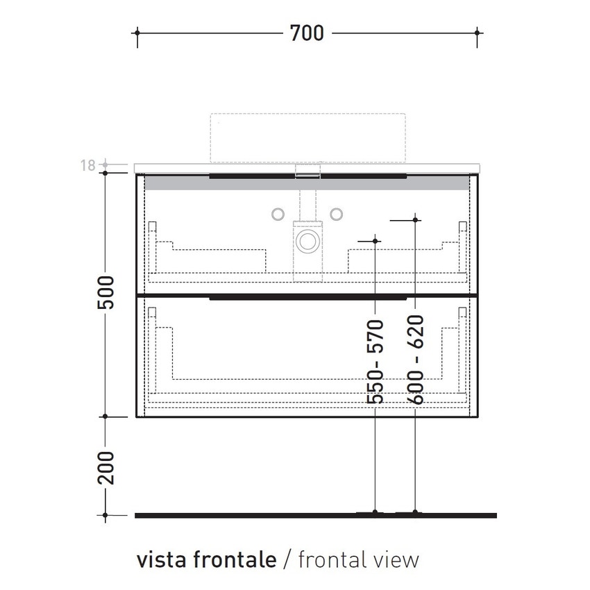 Immagine di Flaminia BOX base portalavabo sospesa, 2 cassetti, L.70 P.50 H.50 cm, con top e foro per lavabo da appoggio, finitura ok arly BX809+BXPR51ARL