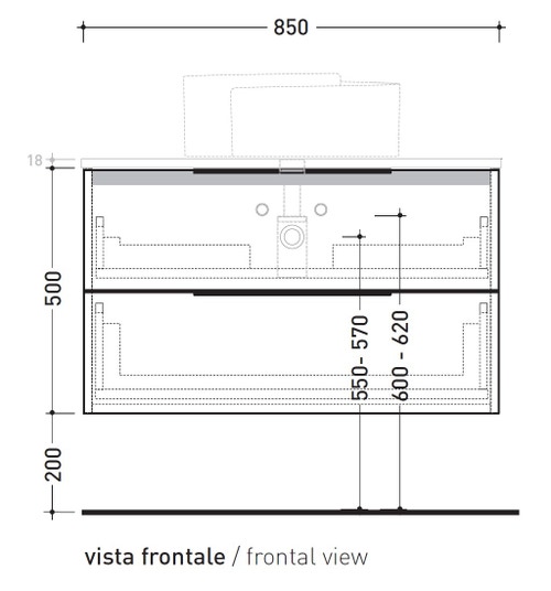 Immagine di Flaminia BOX base portalavabo sospesa, 2 cassetti, L.85 P.50 H.50 cm, con top e foro per lavabo da appoggio, finitura oj grigio BX815+BXPR51OJG