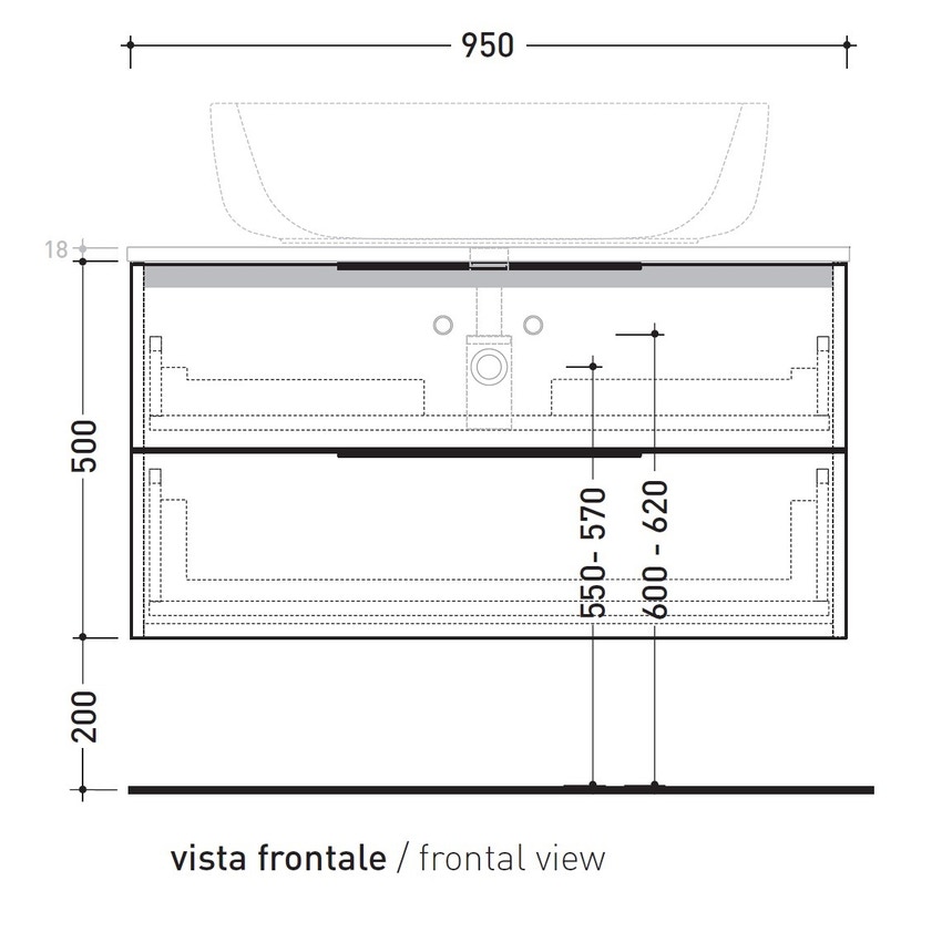 Immagine di Flaminia BOX base portalavabo sospesa, 2 cassetti, L.95 P.50 H.50 cm, con top e foro per lavabo da appoggio, finitura oj bianco BX827+BXPR51OJB