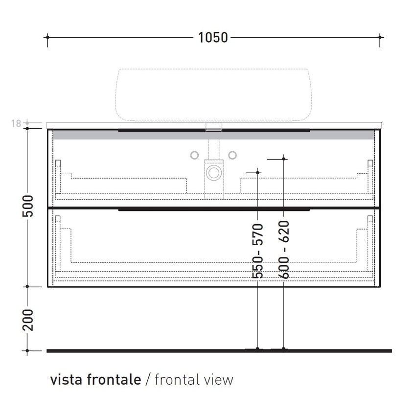 Immagine di Flaminia BOX base portalavabo sospesa, 2 cassetti, L.105 P.50 H.50 cm, con top e foro per lavabo da appoggio, finitura oj canapa BX839+BXPR51OJC