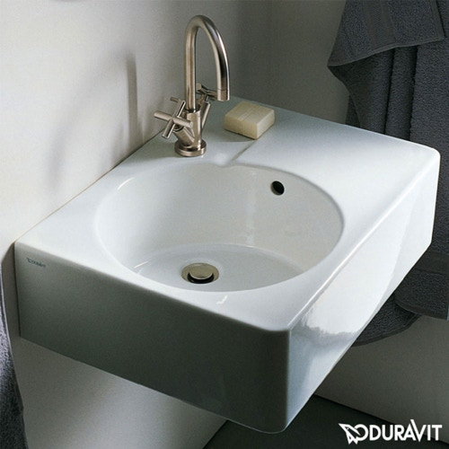 Immagine di Duravit SCOLA lavabo universale monoforo, bacino a sinistra, con troppopieno, con bordo per rubinetteria, lato inferiore smaltato, colore bianco 0684600011
