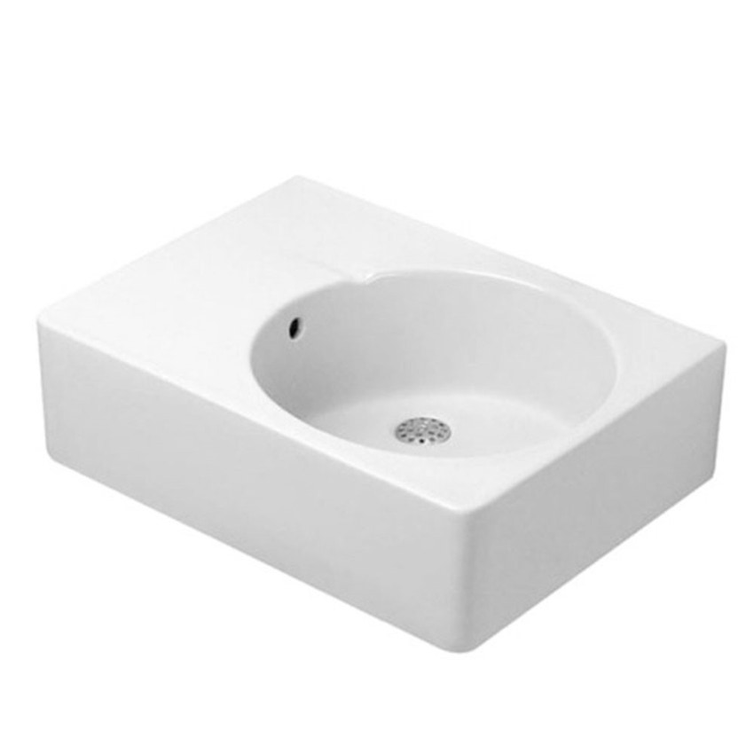 Immagine di Duravit SCOLA lavabo universale con un foro diaframmato per rubinetteria, bacino a destra, con troppopieno, con bordo per rubinetteria, lato inferiore smaltato, colore bianco 0685600000
