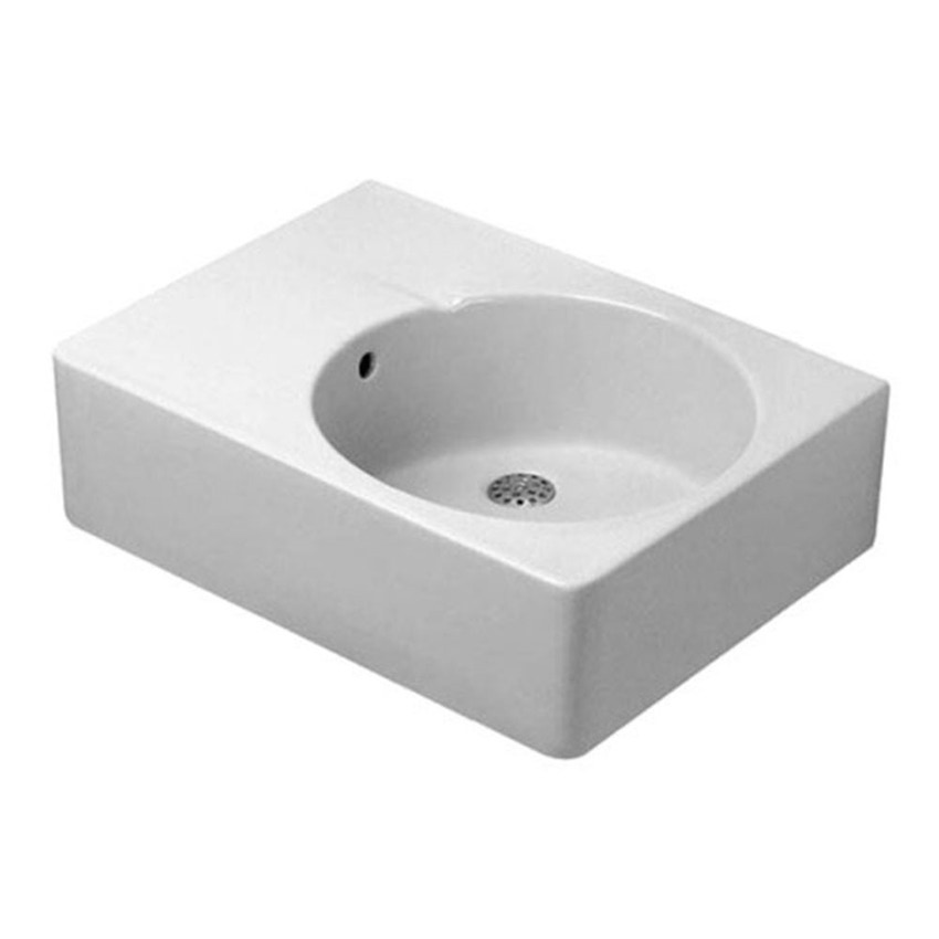 Immagine di Duravit SCOLA lavabo universale monoforo, bacino a destra, con troppopieno, con bordo per rubinetteria, lato inferiore smaltato, colore bianco 0685600011
