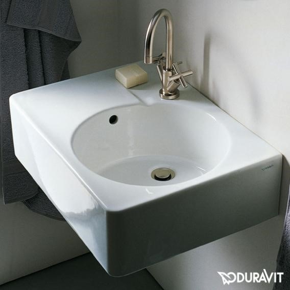 Immagine di Duravit SCOLA lavabo universale monoforo, bacino a destra, con troppopieno, con bordo per rubinetteria, lato inferiore smaltato, colore bianco 0685600011