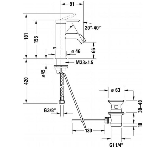Immagine di Duravit C.1 miscelatore monocomando a leva, taglia S, con scarico e saltarello, colore nero finitura opaco C11010001046