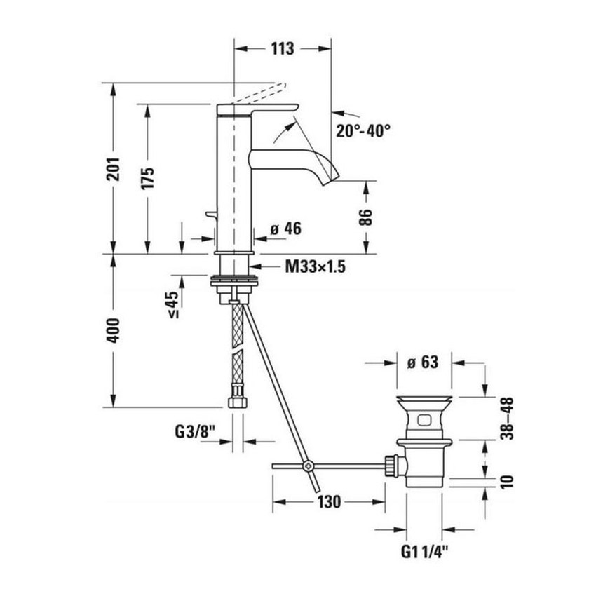 Immagine di Duravit C.1 miscelatore monocomando, a leva, taglia M, con scarico e saltarello, finitura cromo C11020001010