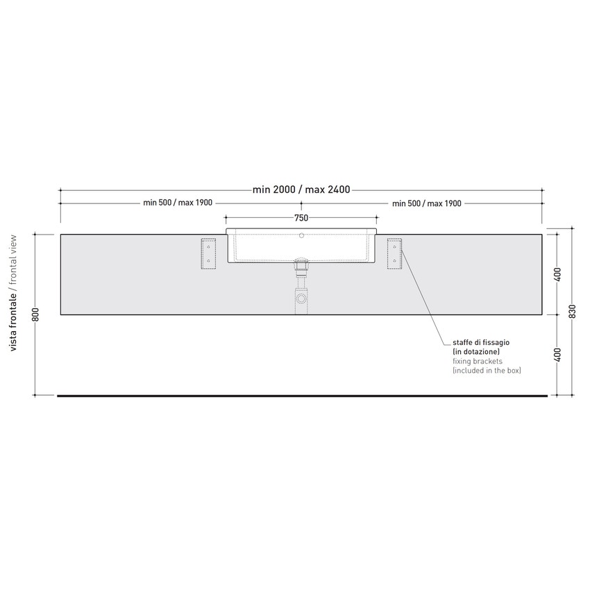 Immagine di Flaminia UNA mobile L.200 P.45 H.40 cm per lavabo Una 75 da semincasso (UNA75L), in pietraluce, colore blu ultramarina finitura lucido UNA75C2BU