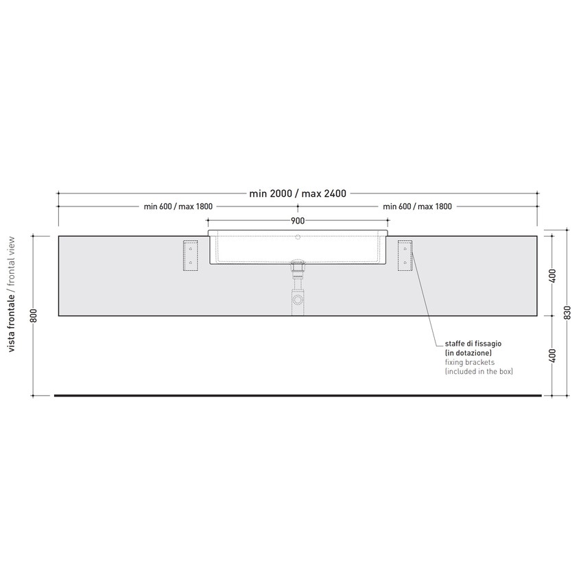 Immagine di Flaminia UNA mobile L.200 P.45 H.40 cm per lavabo Una 90 (UNA90L), in pietraluce, colore nero finitura lucido UNA90C2NE