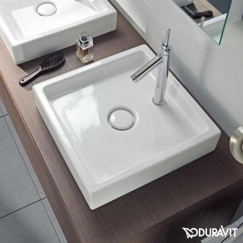 Immagine di Duravit STARCK 1 bacinella da appoggio soprapiano 47 cm monoforo, con rettifica, senza troppopieno, senza bordo per rubinetteria, WonderGliss, colore bianco 03874700271