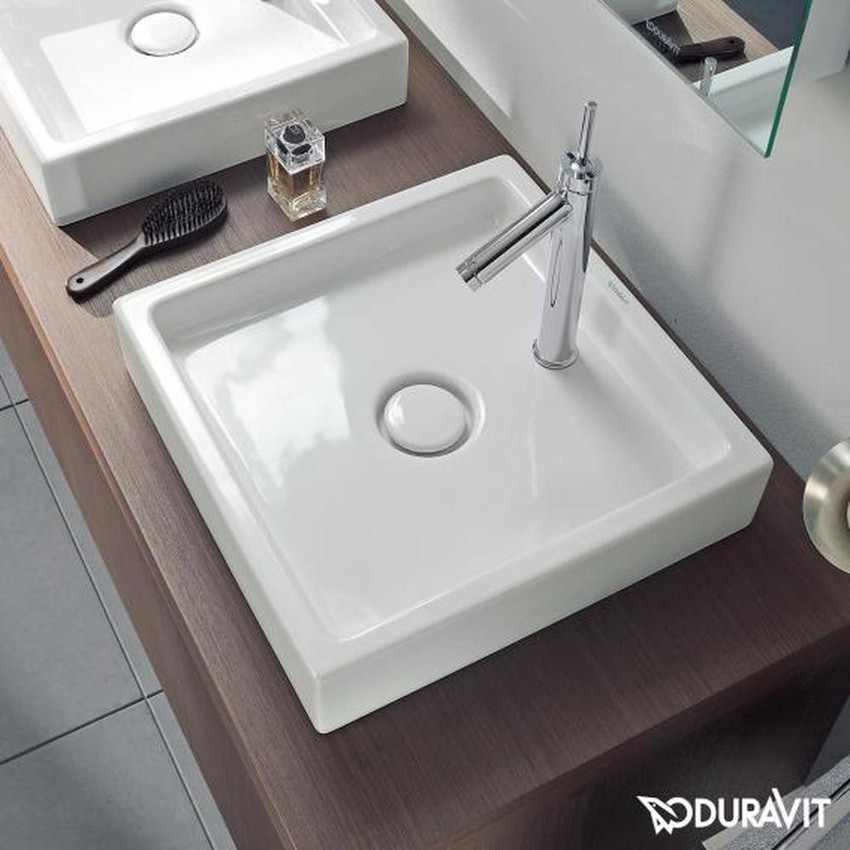 Immagine di Duravit STARCK 1 bacinella da appoggio soprapiano 47 cm monoforo, con rettifica, senza troppopieno, senza bordo per rubinetteria, WonderGliss, colore bianco 03874700271