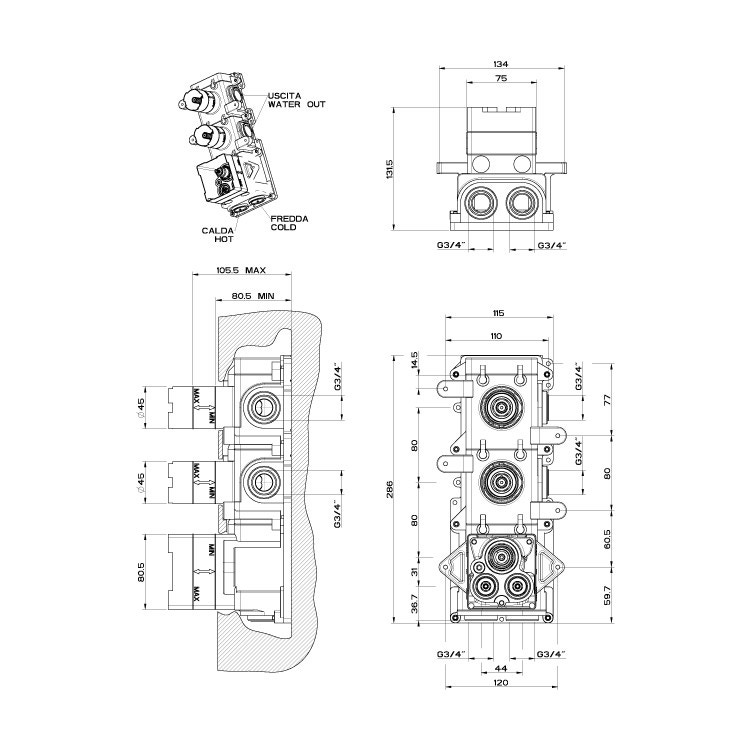 Immagine di Gessi Parte incasso per miscelatore termostatico alta portata 43103#031