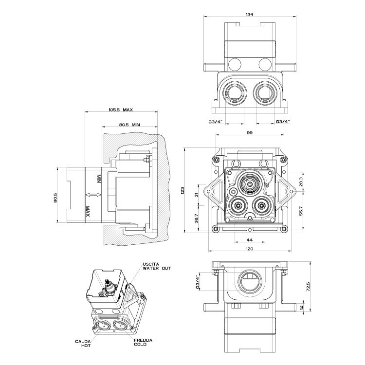 Immagine di Gessi Parte incasso per miscelatore termostatico alta portata 43281#031