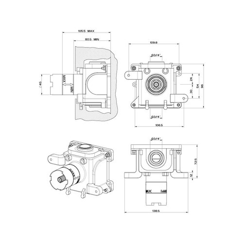 Immagine di Gessi Parte incasso miscelatore termostatico alta portata, a parete, 4 uscite indipendenti, installazione verticale o orizzontale 43283#031