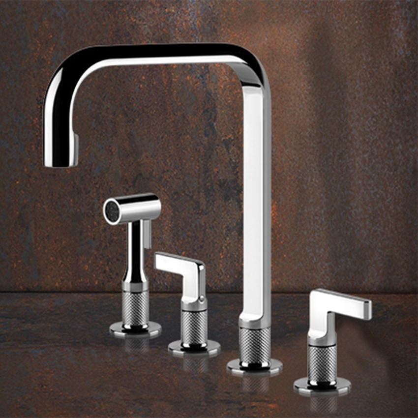 Immagine di Gessi INCISO rubinetto 3 fori, con canna girevole, con doccetta estraibile mono getto, finitura cromo 58703#031