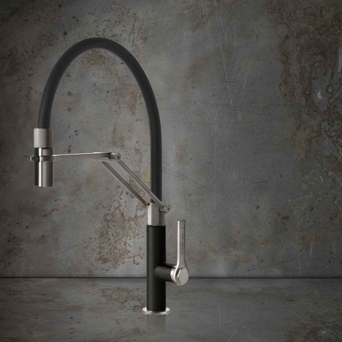 Immagine di Gessi OFFICINE miscelatore semi pro monocomando, con canna girevole e doccetta estraibile doppio getto, finitura finox / nero opaco 60055#599