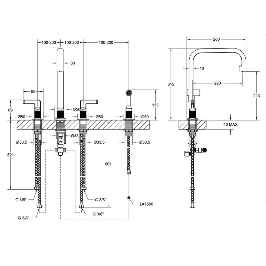 Immagine di Gessi INCISO rubinetto 3 fori, con canna girevole, con doccetta estraibile mono getto, colore nero finitura opaco 58703#299