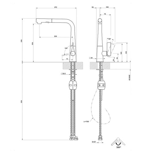 Immagine di Gessi PROTON miscelatore monocomando, con canna girevole e doccetta estraibile doppio getto, finitura finox 17177#149