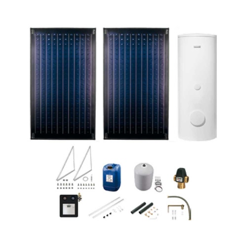 Immagine di Bosch Kit solare completo a circolazione forzata con 2 collettori solari FT 226-2V con sistema di montaggio su tetto piano a 30°-60° 7735246059