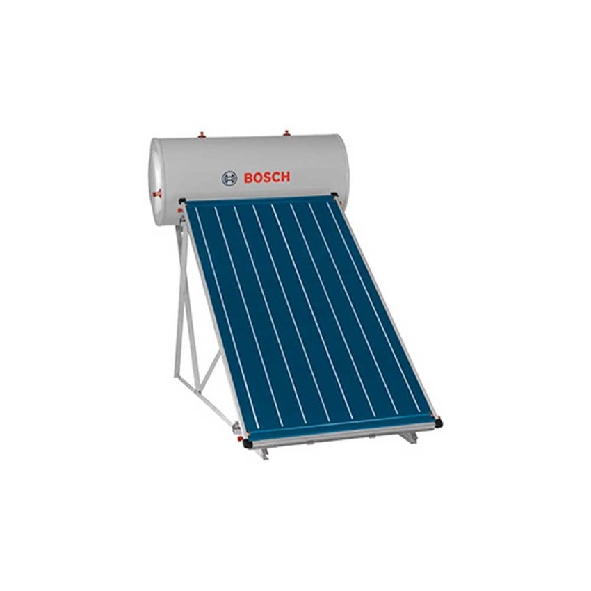 Immagine di Bosch Kit solare completo a circolazione naturale con 1 collettore solare FCC220-2V TSS e bollitore da 145 litri, sistema di montaggio tetto piano 7735246023