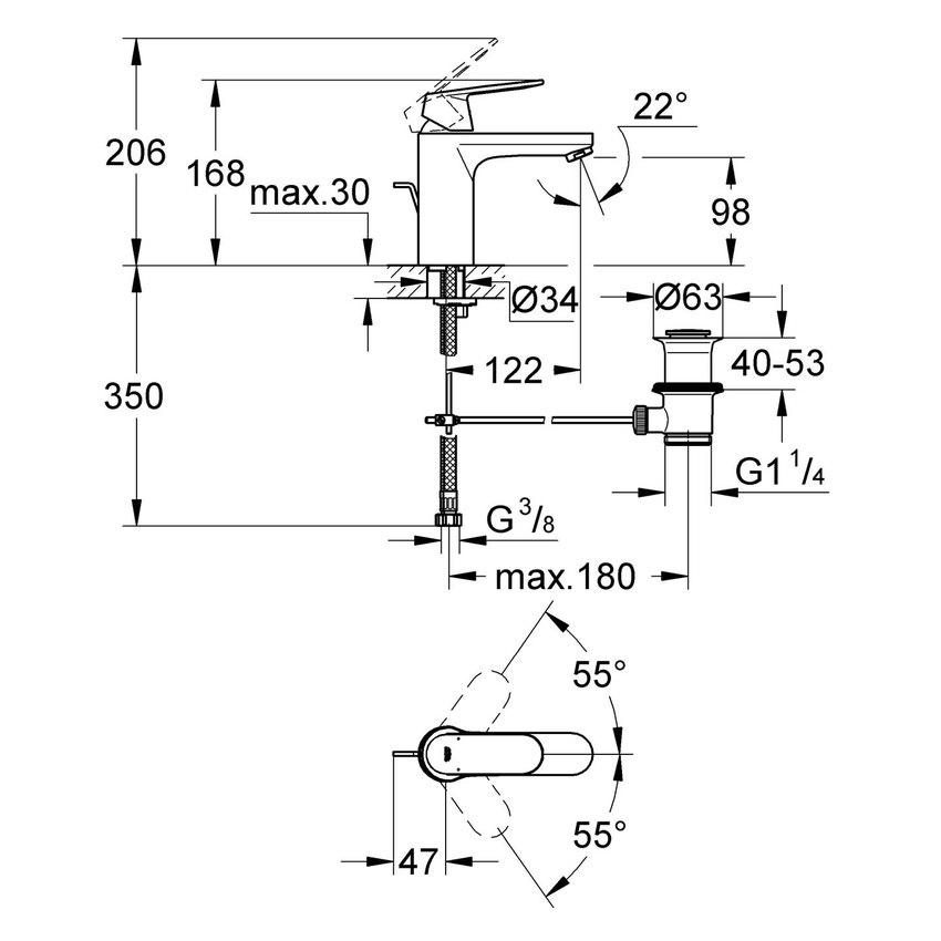 Grohe 23325000 Eurosmart Cosmopolitan miscelatore Monocomando Lavabo  scarico a saltarello, taglia M