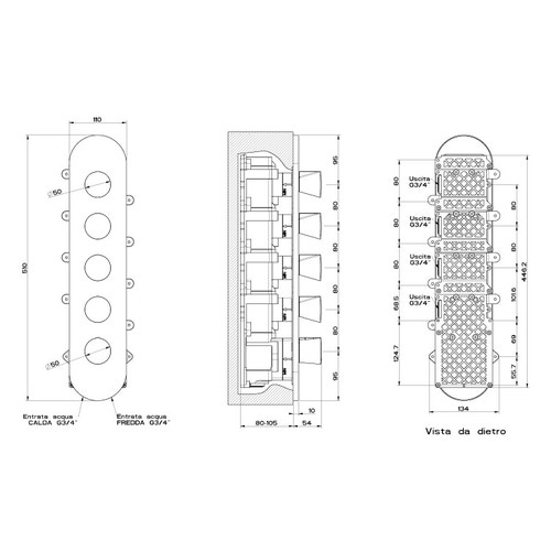 Immagine di Gessi CONO miscelatore incasso termostatico alta portata, attacchi da 3/4", installazione verticale/ orizzontale a quattro uscite indipendenti, finitura finox  45208#149