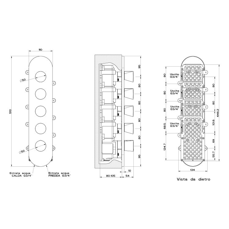 Immagine di Gessi CONO miscelatore incasso termostatico alta portata, attacchi da 3/4", installazione verticale/ orizzontale a quattro uscite indipendenti, colore bianco finitura opaco 45208#279