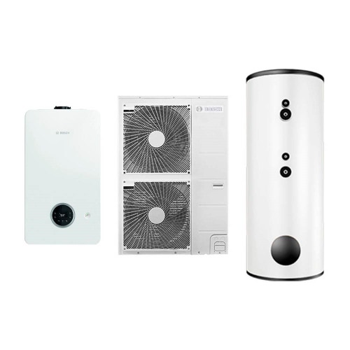 Immagine di Bosch HYBRID SMART Sistema ibrido con caldaia da 24 kW, pompa di calore 9 kW e bollitore bivalente 228 l per riscaldamento, raffrescamento e ACS 7735210034