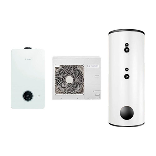 Immagine di Bosch HYBRID SMART Sistema ibrido con caldaia da 14 kW, pompa di calore 6 kW e bollitore bivalente 290 l per riscaldamento, raffrescamento e ACS con integrazione solare 7735210032