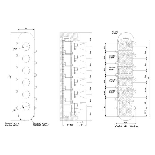 Immagine di Gessi CONO miscelatore incasso termostatico alta portata, attacchi da 3/4", installazione verticale/ orizzontale a cinque uscite indipendenti, finitura copper PVD  45210#030