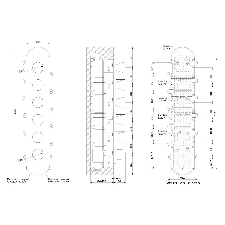 Immagine di Gessi CONO miscelatore incasso termostatico alta portata, attacchi da 3/4", installazione verticale/ orizzontale a cinque uscite indipendenti, finitura cromo 45210#031