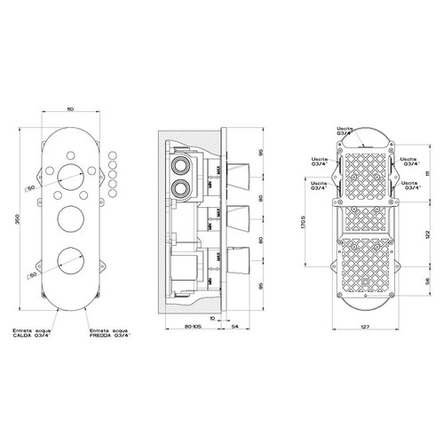 Immagine di Gessi CONO miscelatore incasso termostatico alta portata, attacchi da 3/4", installazione verticale/ orizzontale a cinque uscite, con selettore a selezione singola, finitura cromo 45212#031