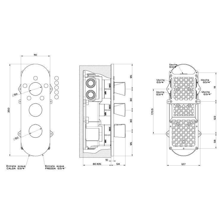 Immagine di Gessi CONO miscelatore incasso termostatico alta portata, attacchi da 3/4", installazione verticale/ orizzontale a cinque uscite, con selettore a selezione singola, finitura black metal PVD 45212#706