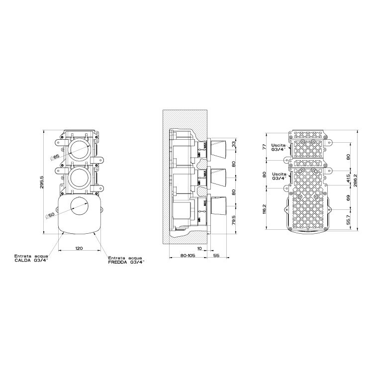 Immagine di Gessi CONO miscelatore incasso termostatico alta portata, attacchi da 3/4", installazione verticale/ orizzontale a due uscite indipendenti, finitura finox  45234#149